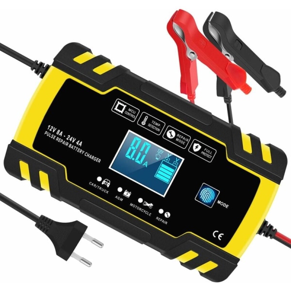 8A 12V/24V intelligent bilbatterioplader med LCD-touchskærm, automatisk batterioplader reparationsfunktion til bil, motorcykel, lastbil, plæneklipper (