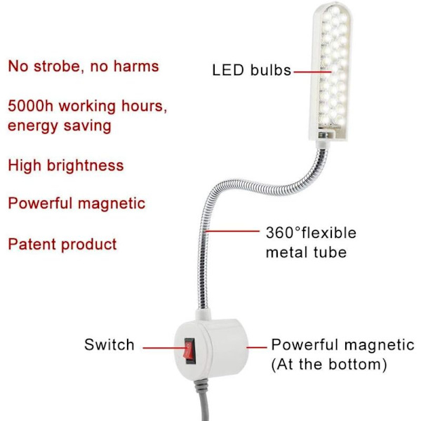 Sy LED-arbejdslampe til symaskine 30 LED-arbejdslampe Fleksibel svanehals til makeup, håndværk, læsning og syning