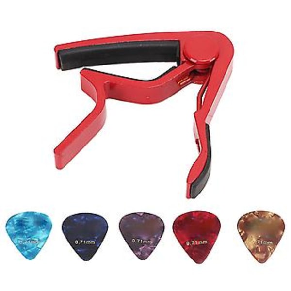 Gitarr Capo Stark Fjäder Reptålig Hög Hårdhet Legering Gitarr Capo med 5 Plektrum Röd