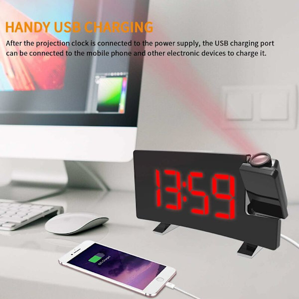 Projektionsväckarklocka, 180  Takprojektionsväckarklocka, USB FM Digitalklocka med Dubbla Alarm, Snooze, Sleep Timer, 12/24h, Stor LED-skärm med Dimmer (Röd)