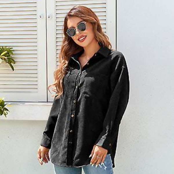 Dame Cordfløyel Skjorte Løs Casual Elegant Ren Farge Langermet Knapp Bluse Topper med Lomme Svart XL