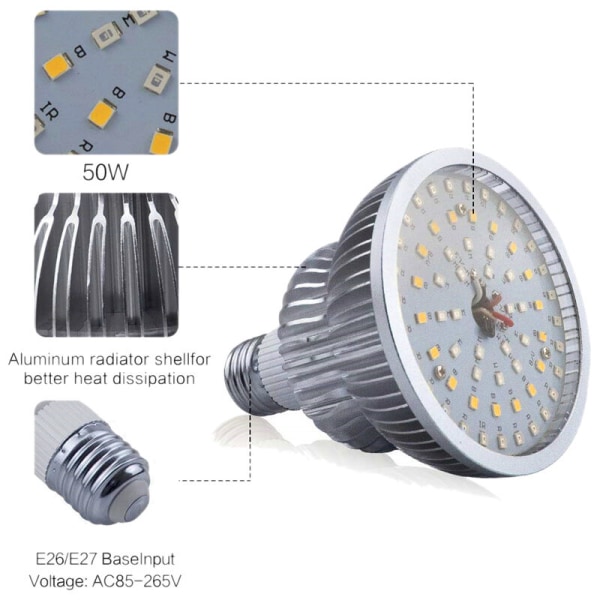 50W Full Spectrum Plantevekst LED-pærer Fjernkontroll Dimbar Phyto-lampe med Timer E26 Drivhustelt Ingen Briller