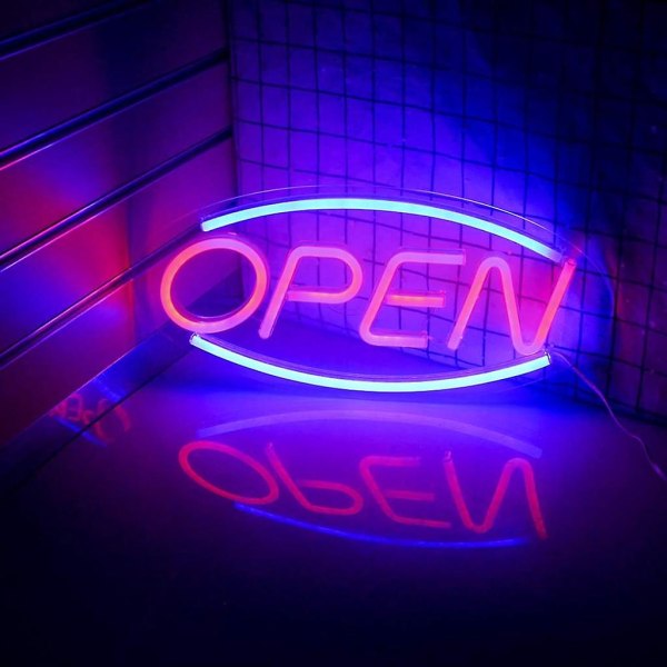 Neon öppen skylt för butik med två ljuslägen, stadigt blinkande elektronisk upplyst skylt för butiksvägg, glasfönsterbutik