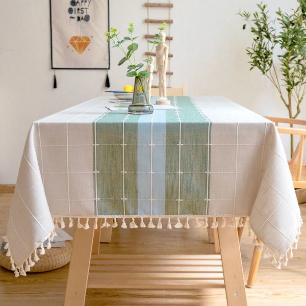 Solid Bomull och Linne Rektangulär Bordsduk Rutiga Broderi Tofs Bomull Linne Bordsduk för Kök Matsal Dekoration (140x140