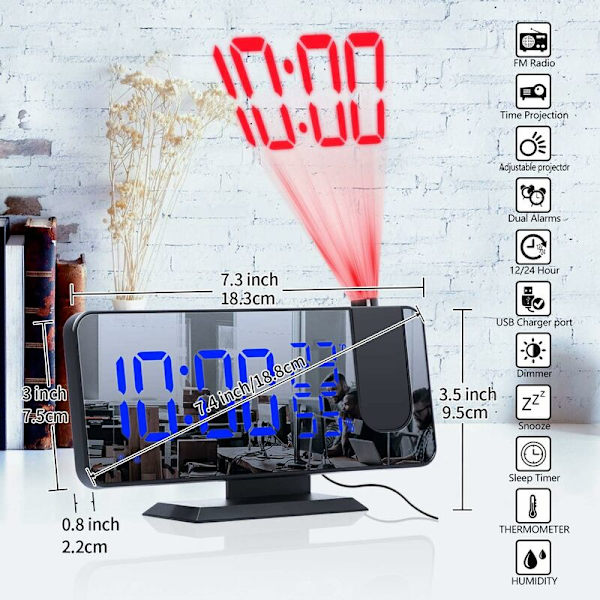Takprojektionsväckarklocka Digital klocka med spegelskiva och projektor Dimmer 15 Volym 2 Ringsignal FM Radioväckarklocka- Blå
