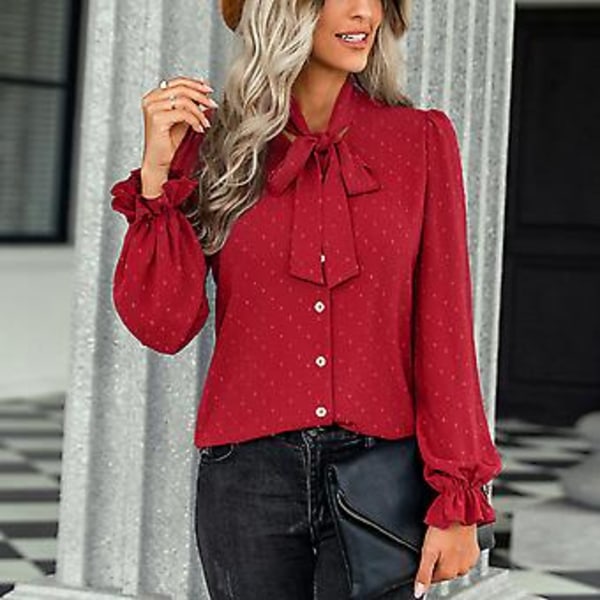 Blus Puff Lång Ärm Elastisk Manschett Rosett Enkelknäppt Eleganta Vardagstoppar för Kvinnor Röd S