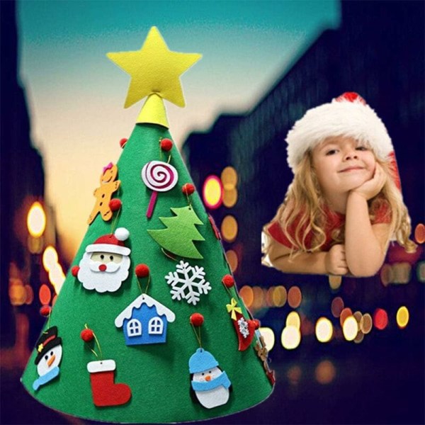 Filt Juletræ - Lille Juletræ DIY Kit Deco Noel med 17 stk Aftagelige Ornamenter Julegaver til Børn