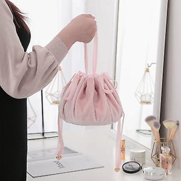 Bärbar sminkväska i sammet för hushållet, dragskoväska för förvaring utomhus, rosa, storlek L