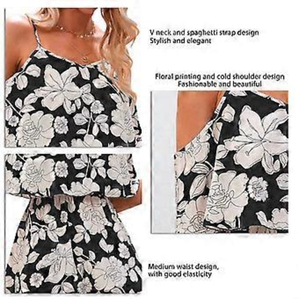 Chic Sort Blomstrete Stroppekjole - Stilig Bar Skulder Elastisk Medium Midje Sommermote, L
