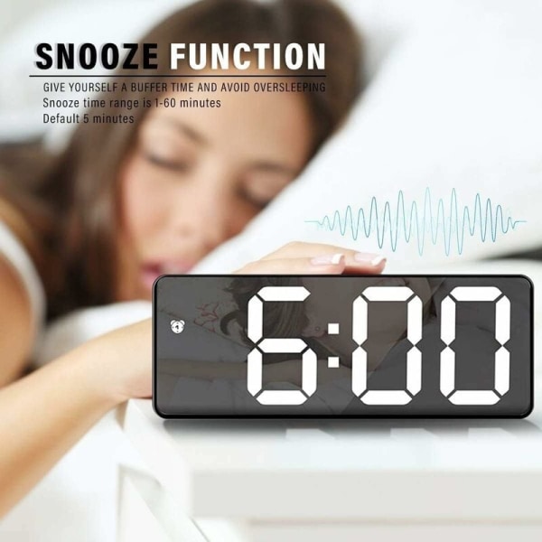Spegelväckarklocka, digital väckarklocka med datum/temperatur/snooze/2 larm/USB-laddningsport LED-display, för resor sovrum kontor kök