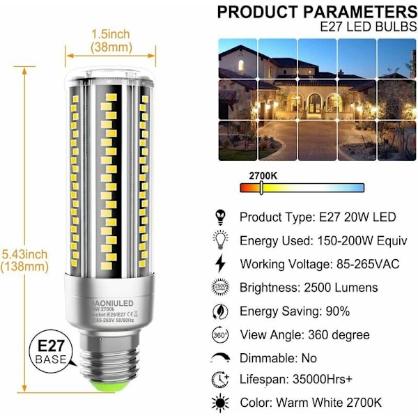 E27 Led-lamppu 20W lämmin valkoinen vastaa 200W hehkulamppuja, E27 Led-lamput 2700K 2500LM Edison-maissilamput E27-ruuvikanta Ei himmennettävä Led-koti