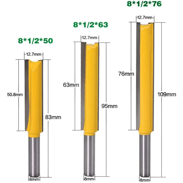 3 st 8 mm skaft extra långa fräsar, träbearbetning frässtål extra lång rak ändfräs 8 mm x 1/2\" x 50,8 mm, 8 mmx 1/2\" x 63 mm, 8 mmx 1/2\"