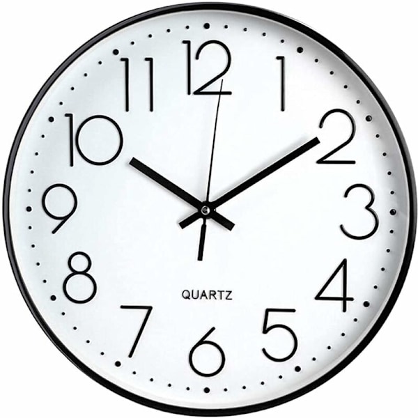 12 tuuman moderni seinäkello, helppo lukea pyöreä paristokäyttöinen hiljainen kvartsikeittiökellon koti/toimisto/koulu, musta, valkoinen