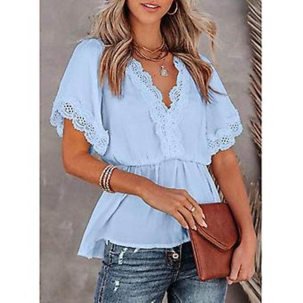 Bluse med volanger, korte ermer, V-hals, heklet blondekant, elastisk midje, peplum og knyting bak, for hverdagsbruk, jobb, shopping, date, blå S