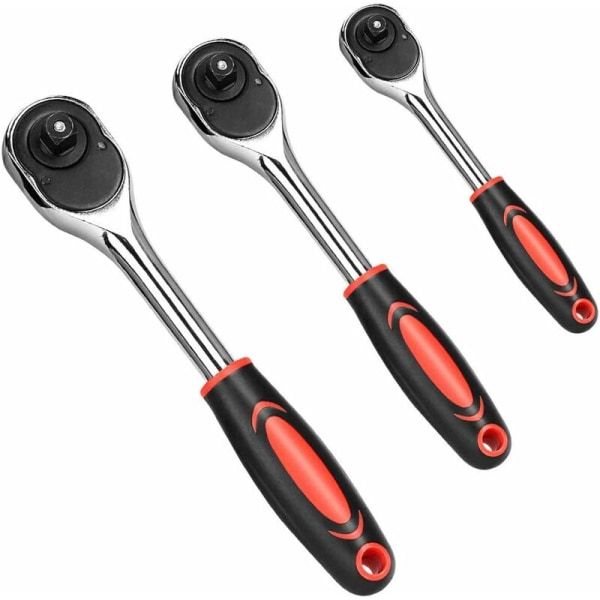 Set, 3 delar 1/4", 3/8", 1/2" Professionellt högkvalitativt drivande spärrnyckelverktyg med kuddgrepp Låshandtag (röd)-Fei Y