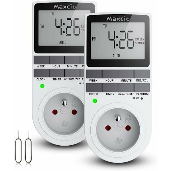 Digital programmerbare stikkontakter (2-pak) med daglig/ugentlig digital timer, LCD-display, anti-tyveri-tilfældig tilstand, energibesparende, 16A/3680W maks.