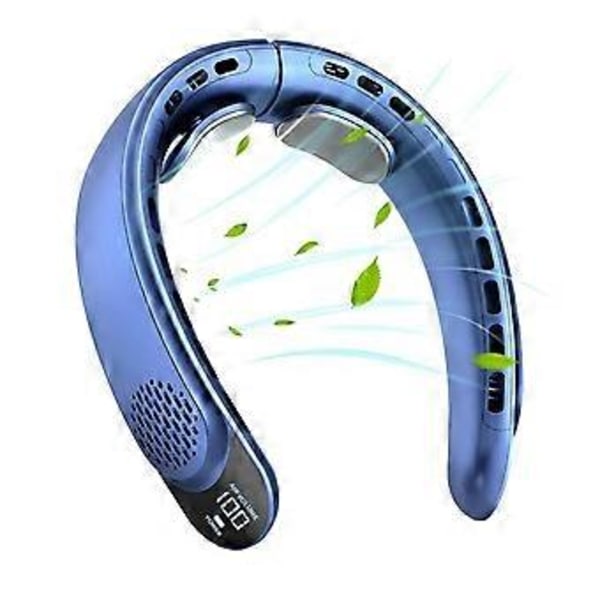 Oppladbar nakkevifte, personlig vifte med LED-display, 3 hastigheter med 4000mAh batteri, for kvinner, menn, reise, utendørs, blå