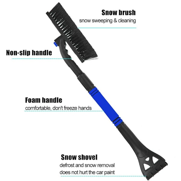 2 i 1 bilskrapa med borste, isskrapa och visp, 360° borsthuvud, halkfritt skumhandtag, för bil, lastbil, SUV, vindruta (blå)