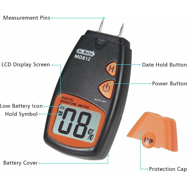 Digitalt fuktighetsmåler for treverk, 2-pin bærbar fuktighetsmåler for treverk, HD digital LCD-skjerm med 2 reservepinner og 9V batteri (begge inkludert) Område 5%-40%,