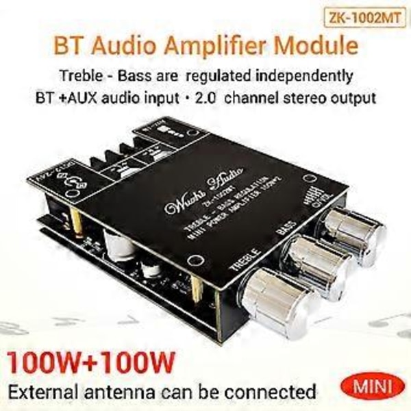 2x100W Bluetooth-kompatibel Mini Audioforstærker med Høj & Bas Justering