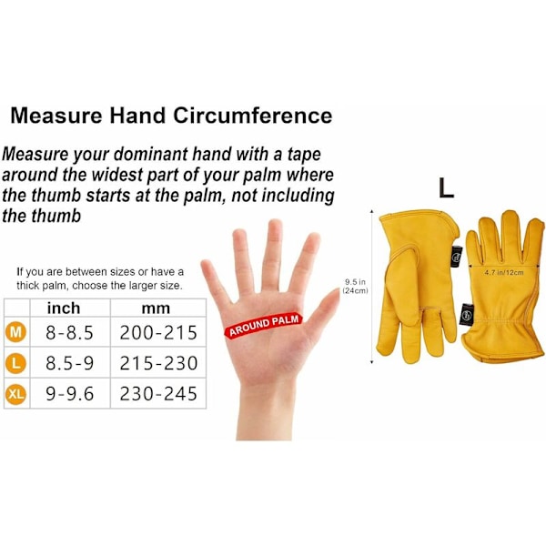 Läderarbets handskar för trädgårdsarbete/skärning/konstruktion/jordbruk/motorcykel, män och kvinnor, med elastisk handled, M/L/XL, gul (L)