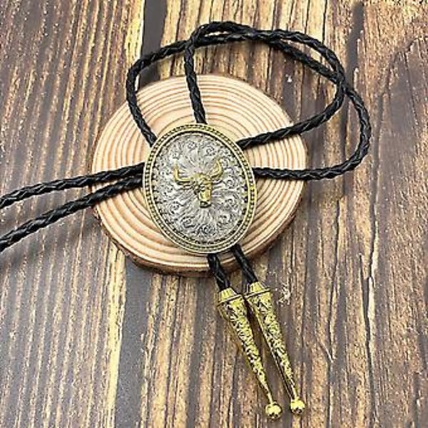 Bolo Tie Ellips Oxblomma Western Cowboy med Kohudsläder Slips för Kvinnor Guldton (d-4)