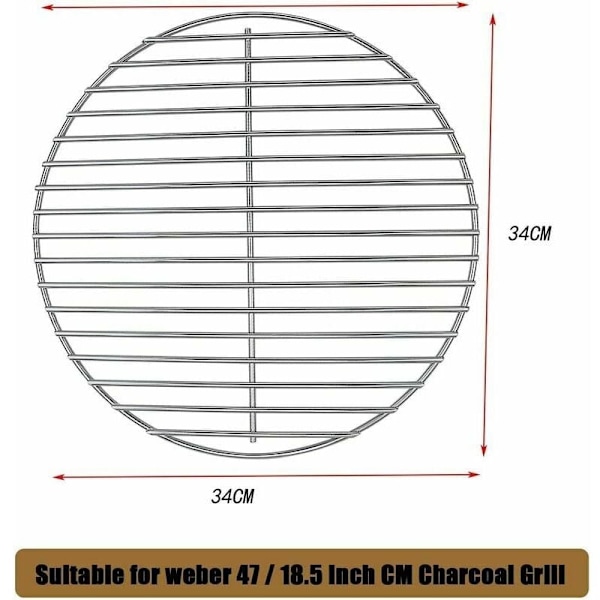 7440 34CM Blankpolert Stål Grillrist for Weber Charcoal Kettle 47CM Charcoal Barbecue Griller, Weber One Touch, Bar B Kettle, Smokey Mountain Cooker Smoker, Jumbo Joe