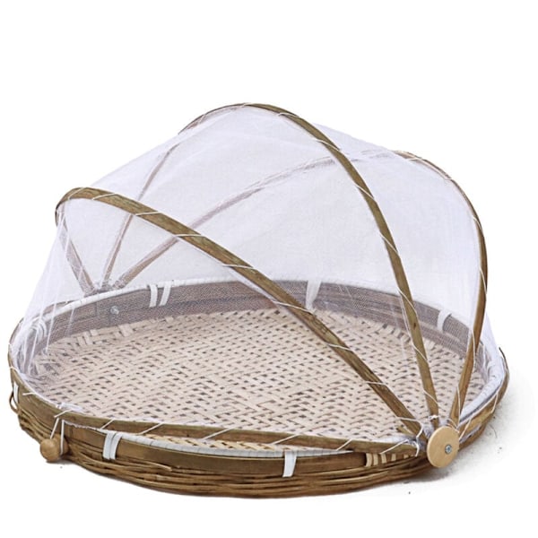 Covered Bamboo Food Serving Tent Basket, Handwoven Round Food Basket with Mesh Lid