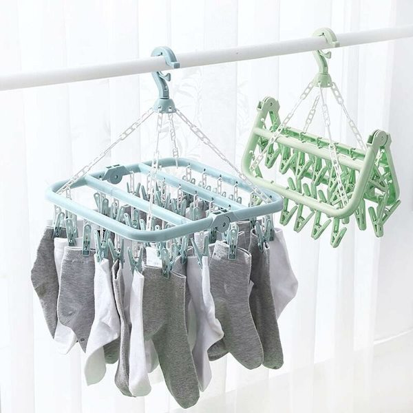 Sock Drying Rack med 32 klämmor Hängande torkställ Kan roteras och vikas 360¡ã Grön