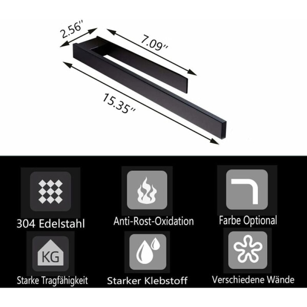 Självhäftande handdukshållare, handduksstång, rostfritt stål, ingen borrning, svart