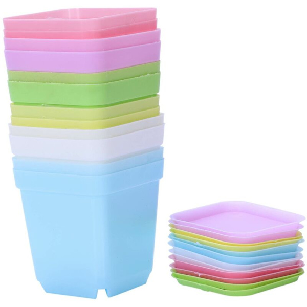 Färgglada plastblomkrukor med fat, set om 12
