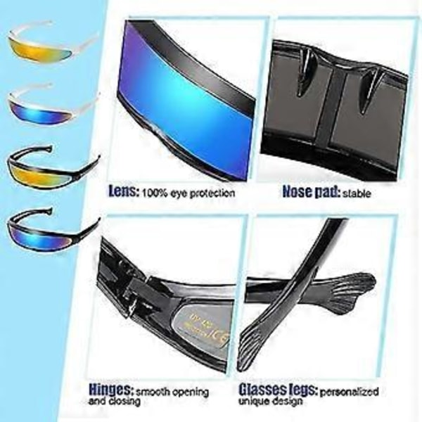 Futuristiske solbriller, 4 stk. fargede futuristiske briller, morsomme briller, rollespill Halloween-brillesett, rombriller
