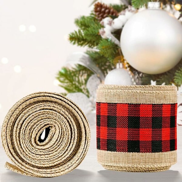 1 st julband för inslagning av säckväv, rutigt tyg, presentförpackning, presentbågar, 2,48 x 220,47 tum