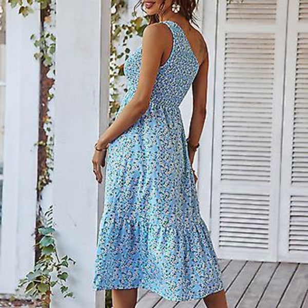 Kesäkukkakuvioinen mekko naisille, rento, yhdistetty helma, hihaton, olkaimeton, rypytetty mekko treffeille, sininen L