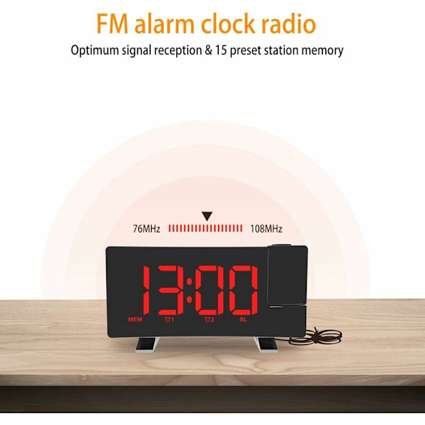 Projektionsväckarklocka, 180  Takprojektionsväckarklocka, USB FM Digitalklocka med Dubbla Alarm, Snooze, Sleep Timer, 12/24h, Stor LED-skärm med Dimmer (Röd)