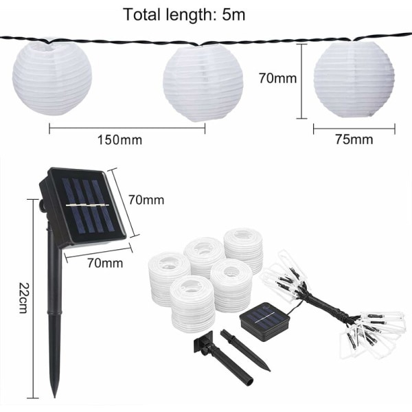 Solcelledrevne LED-lanternelyskæder, IP65 vandtætte 20LED have-LED-lanternelyskæder, indendørs og udendørs til fest, jul, dekoration