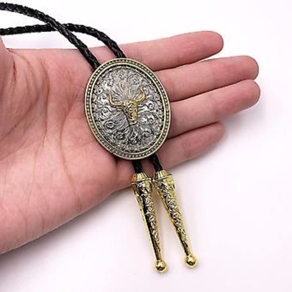 Bolo Tie Ellips Oxblomma Western Cowboy med Kohudsläder Slips för Kvinnor Guldton (d-4)