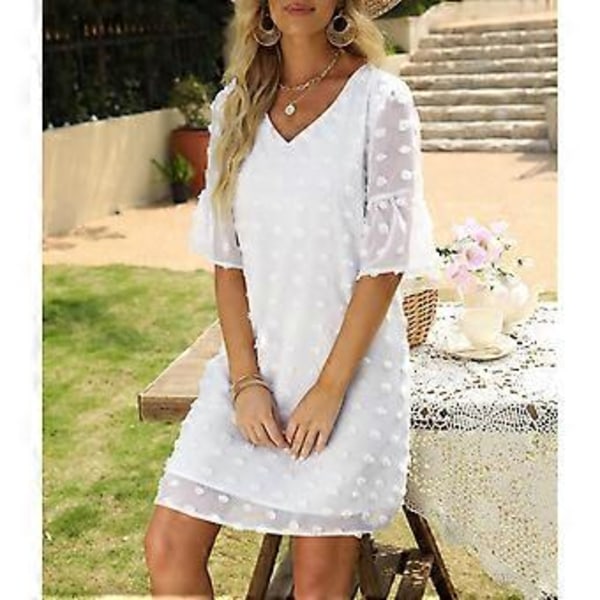 Elegant Vit Prickig Chiffongklänning - V-ringad Volangärm A-linje Sommar Mode, L