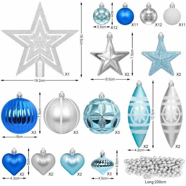 Blå / sølv julekuler, juletrepynt 73 rom, plastdekorasjonskuler, blå og sølv julekuler, juledekor