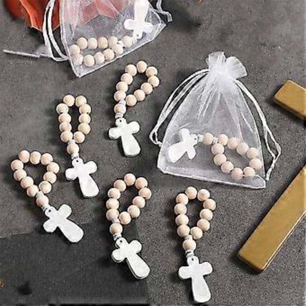 36 stk. Træ Rosenkrans Rosenkransperler med Hvide Netposer til Dåb Første Kommunion Konfirmation Baby Shower Brudebad