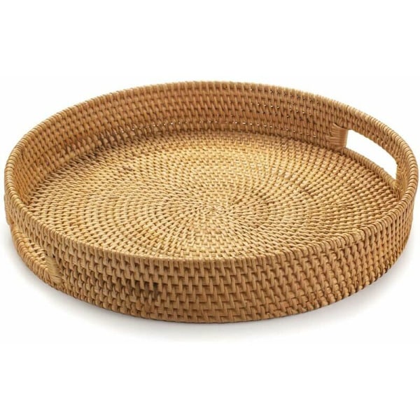 Round Rattan Serving Tray, Wicker Serving Tray with Cutout Handles, Woven Fruit/Bread Serving Basket, 30 cm