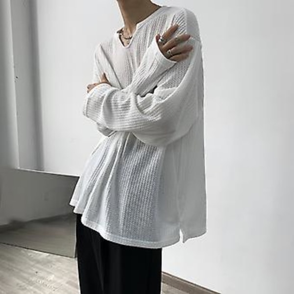 Långärmad T-shirt för män V-ringad Trendig Minimalistisk Casual Topp för Män för Daglig Utomhusbruk Vit L