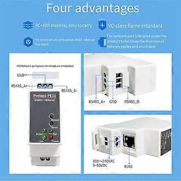 DIN-Skinne Seriell Port RS485 til Ethernet Konverter Server Protoss MQTT PE11-H Støtter Modbus TCP RTU