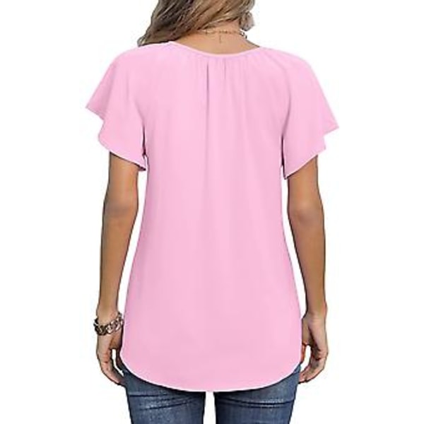 Dame Casual Chiffon Top Printet V-hals Kortærmet Bluser Skjorte med Snøre til Sommer Pink XXL