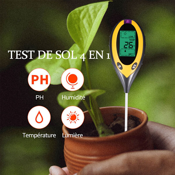 Jord-pH, fuktighet, ljus, fyra-i-ett temperaturdetektor, trädgård pH-mätare (utan batteri)