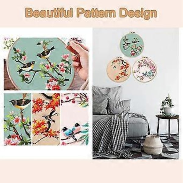 3 Pakke Broderisett for Nybegynnere, Sett for Voksne Inkluderer 3 Broderistoffer med Fuglemønster