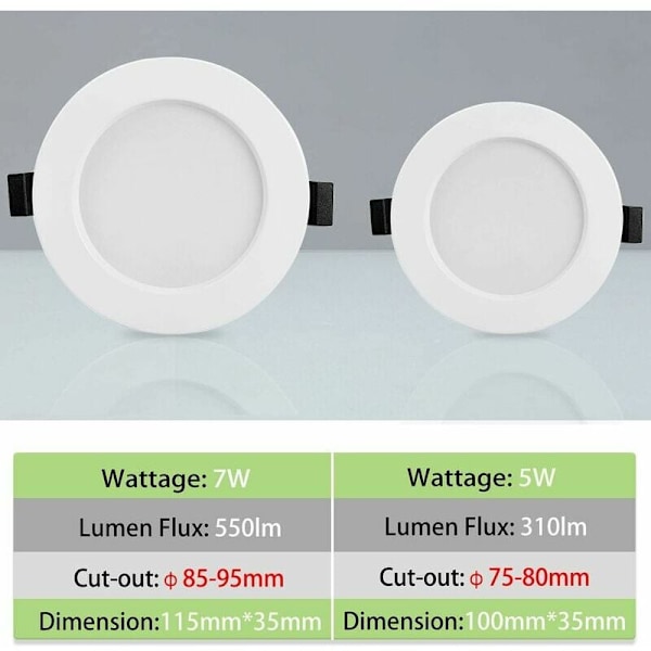 Pakke med 10 ekstra flate IP44 LED-innfelt spotlys, integrert LED-spotlys 5W 310LM, 3000K varmt hvitt, ultra-tynt 35MM innfelt spotlys, diameter