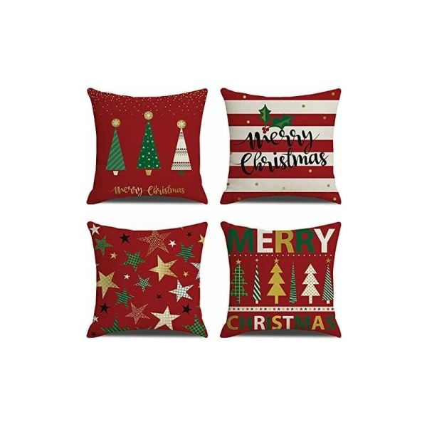 Jul Kasta Kuddfodral - Set om 4 Röda Bomull Linne Dekorativa Jul Kasta Kuddfodral - Kasta Kudde för Soffa, Vardagsrum, Säng