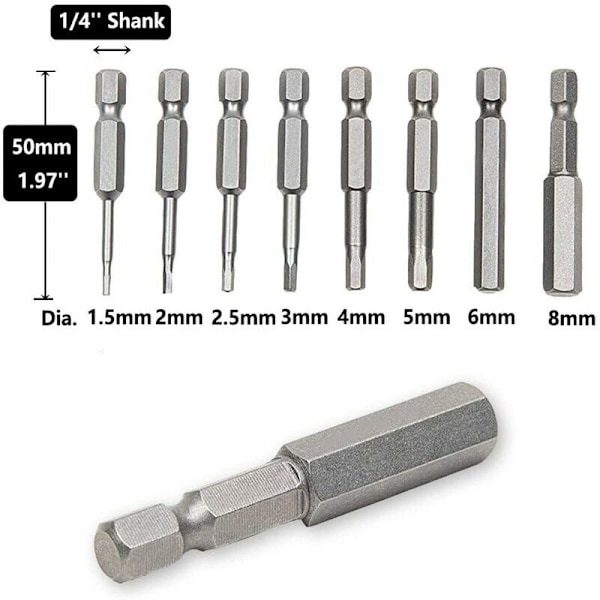 8 stk. magnetiske skruetrækkerbits med trekantformet hoved, S2-stål, 1,5 mm, 2 mm, 2,5 mm, 3 mm, 4 mm, 5 mm, 6 mm, 8 mm, sekskantet skaft, 50 mm længde