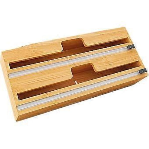 Bambu Wrap Dispenser med Glidskärare, Effektiv Köksorganisatör och Dispenserlåda för Folie, Plastfolie och Vaxpapper, 2 Fack